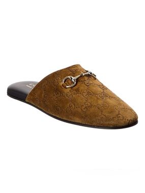 BNIB Brand New In Box Gucci Brown Suede GG Embossed Horsebit Suede Mule 38.5